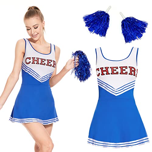 FORMIZON Disfraz de Animadora para Mujer, Uniforme de Cheerleader, Disfraz Animadora Mujer con Vestido Y Pompones, Disfraz Carnaval para Halloween y Fiestas de Disfraces (Azul-M)