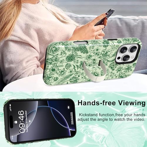 Image of Magnetic for iPhone 16 Pro Case with Finger Strap Kickstand [Compatible with Magsafe] Cute Flower Floral Pattern Design, Dual-Layer Shockproof Protective Cover for Women Men, Green