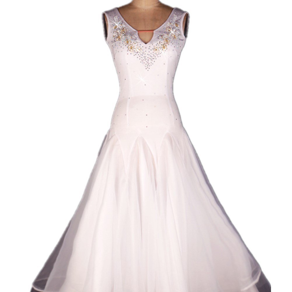 YC WELL Women Modern Waltz Tango Smooth Ballroom Dance Dress Standard Ballroom Dress(White,S)