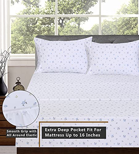 RUVANTI 100% Cotton King Size Sheets Set, 4 Pieces, Soft & Breathable Percale Weave Bedding, Deep Pocket 16", Hotel Standard, Crisp Cool Feel, Durable, Perfect Floral Bed Sheet, Phulkari