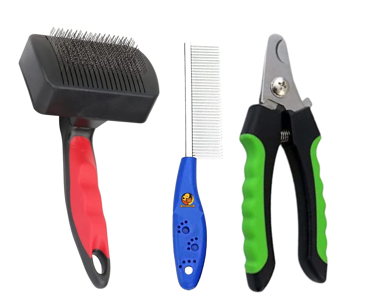 Foodie Puppies Pet Grooming Combo Plastic Slicker Self Cleaning Hair Brush Paw Single Side Paw Print Handle Comb and Stainless Steel Blade Nail Clipper Scissors for Large Or Small Dogs and Cats (B08FHWJH65) Amazon Price History, Amazon Price Tracker