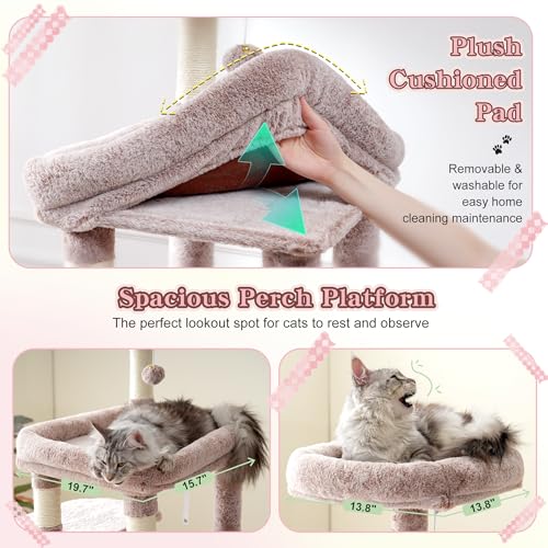 Image of Heybly Cat Tree, 71-Inch Tall Cat Tower for Large Maine Coon Cats with Extra-Large Baseboard, Cat Condo Furniture with Multi-Level Platforms, 2 Hammocks and 12 Scratching Posts, Muchroom HCT037MU