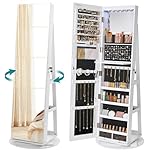 SONGMICS 6 LEDs Mirror Jewellery Cabinet, 360° Swivel Jewellery Storage Organiser, Lockable, Free-Standing Frameless Full-Length Mirror with Storage, White Surface, Black Lining JJC007W01