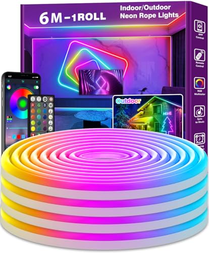 NUERPO 6m Led Neon Strip Lights,Flexible Led Rope Lights,IP65 Outdoor RGB Neon String Lighting,Control with App/Remote,Multiple Modes,Music Sync Gaming Strip Light for Bedroom Indoor