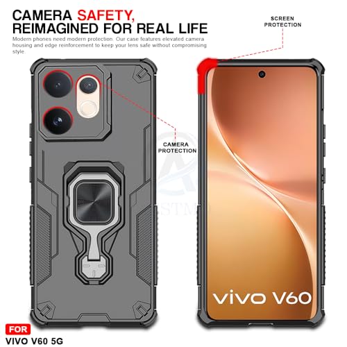 Image of AESTMO Armor Back Cover for Vivo V60 / V60E / T4 Pro 5G | Ring Holder & Kickstand & Camera Protection in-Built | 360 Degree Protection Back Case Cover (Black)