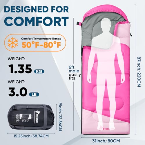 PTEROMY Sleeping Bags for Adults, Lightweight and Machine Washable, Water Resistant Backpacking Camping Sleeping Bag for Warm Cold Weather, Camping Essentials for Hiking Travel - Image 3