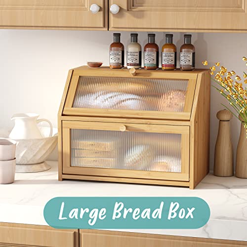 Vriccc Large Bread Box For Kitchen Counter, Double Layer Bamboo Wooden Large Capacity Bread Storage Bin With Acrylic Wavy Door Panel #TOP1