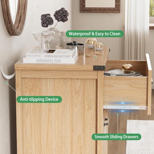 Image of Xixini Nightstand Set of 2 with 3 Storage Drawers, Tall Side Table, Oak