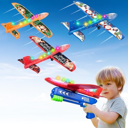 Airplane Launcher Toys Kids Foam Plane Toy 3 Pack LED Catapult for 4 5 6 7 8 9 10 Year Old Boys Girls Outdoor Flying Gift Kid STEM Idea Child Children Birthday Activities Shooting Game