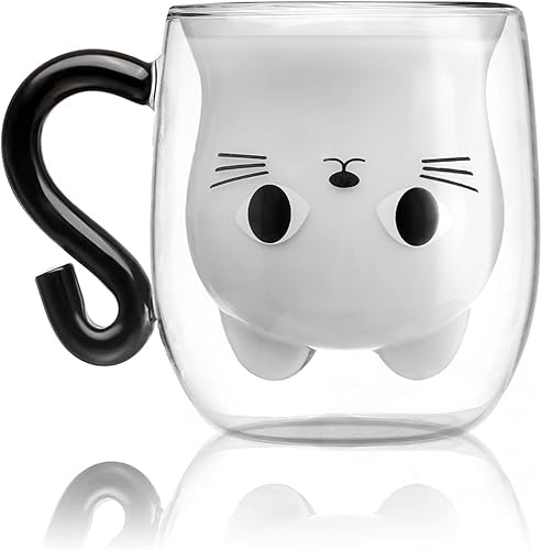 Cat Mugs, Double Wall Glass Cute Coffee Tea Cup - Christmas Gifts For Friends Who Love Pets