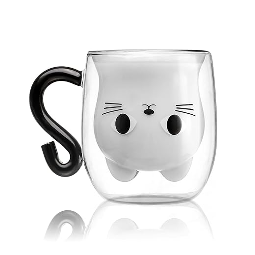Phitihui Cat Mugs, Double Wall Glass Cute Coffee Tea Cup, Graduation Valentines Mothers Day Easter Halloween Christmas Gifts for Women Wife Mum Her Girl Teacher Friend, Birthday Present Idea (Black)