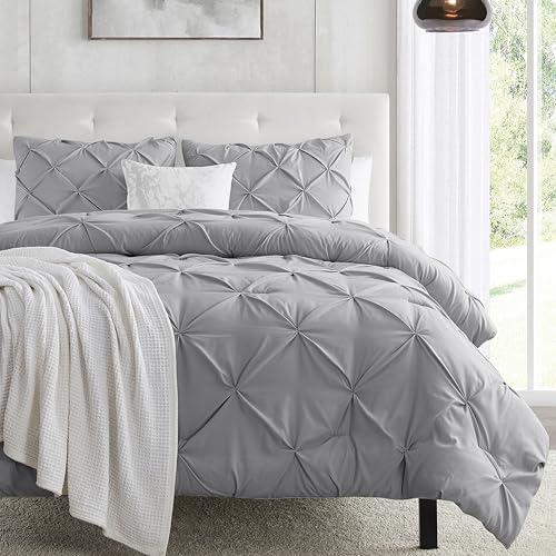 Image of Nestl Grey Duvet Cover Full Size - Soft Double Brushed Duvet Set with Button Closure & Corner Ties, 3 Piece Luxurious Pinch Pleated Duvet Cover Set 80x90 Inches with 2 Pillow Shams