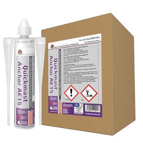 DCP Quickmast AE15 Concrete Epoxy for Rebar and Rods 12-Pack – High-Strength Anchoring System, Two-Part Acrylate Epoxy with Cartridge and Nozzles, 10.1 fl oz – 12 Pack