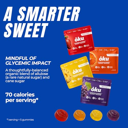 Image of ōku Functional Energy Chews, 60mg of Caffeine from Green Tea & Yerba Mate, Coconut Water for Hydration and 4 Grams of Fiber, Travel Size Gummy Packs, Variety Pack (8-Pack)
