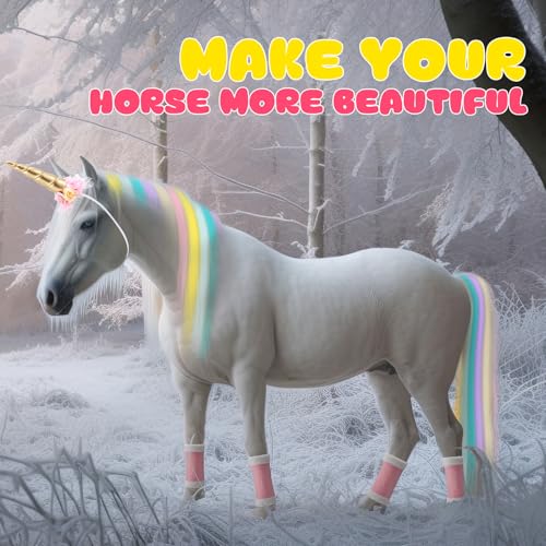 Image of Juexica 23 Pcs Unicorn Horse Costume Horn Hair Extensions Leg Wraps,Pink | Halloween Costume for Live Horses, 1 Unicorn Horn, 18 Clip-in Extensions, 4 Leg Wraps, Party Accessory for Equestrian Events