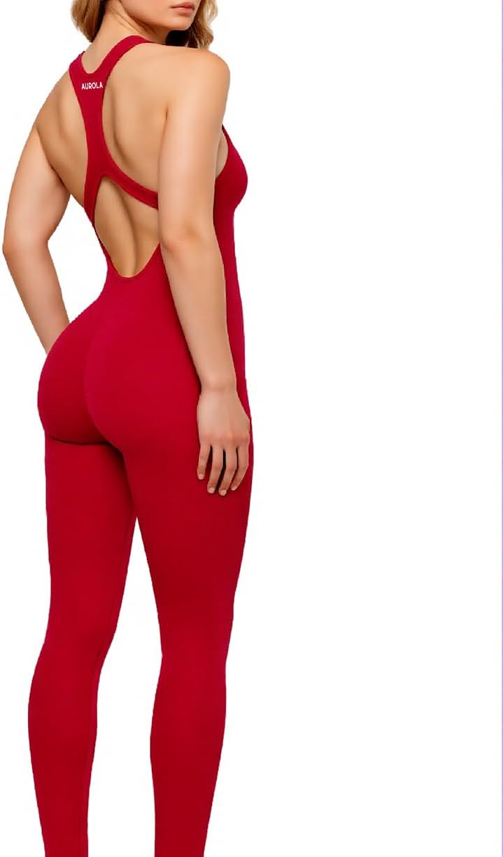 AUROLA Power Workout Jumpsuit for Women Yoga Gym Seamless One Piece Racerback Tummy Control Padded Bra Jumpsuit, Chili Red, Medium
