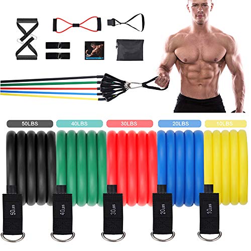 PmmPmm Resistance Bands Set - Stackable Exercise Bands Up to 150 Lbs with Door Anchor, Handles, Waterproof Carry Bag and Legs Ankle Straps for Resistance Training, Physical Therapy, Home Workouts