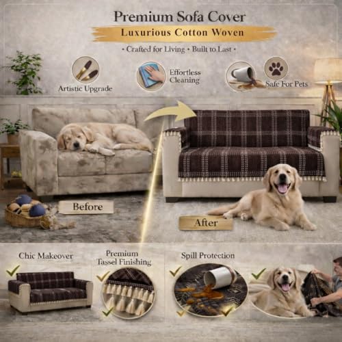 Image of STITCHNEST 'Artisoul Series' Chenille Sofa Cover 2 Seater Fully Covered with 2 Hand Rest Covers | Premium Heavy Fabric, Washable & Fade Resistant | Brown Sofa Protector with Tassels | Size 48x60 Inch