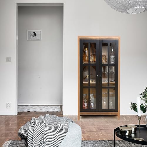 LuxenHome-Storage-Cabinet-with-2-Door-Natural-Wood-Glass-Accent-Cabinet-Farmhouse-Kitchen-Pantry-Cabinet-475-Freestanding-Buffet-Cabinet-with-Storage-for-Living-Room LuxenHome Storage Cabinet with 2 Door Natural Wood Glass Accent Cabinet Farmhouse Kitchen Pantry Cabinet 475 Freestanding Buffet Cabinet with Storage for Living Room