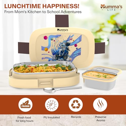 Image of Mumma's LIFE Stainless Steel Tiffin Box with 4 Side Lock Lid, 910 ml and Inner Stainless Steel Container, 135 ml, Food Grade | Air Tight | Easy to Carry | Leak Proof (Tuntun Lunch Box Yellow Peach)