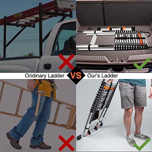 18.5 FT Aluminum Telescoping Ladder, Extension Ladder with Stabilizer Bar, Hook and Nonslip Plastic Block for Household Daily, Maximum Load 330 Pound