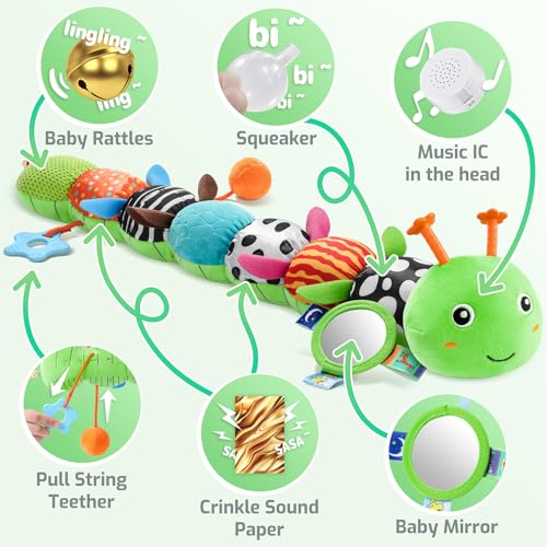 Image of Sumobaby Baby Toys 0-6 6-12 Months, Music Caterpillar Plush Toy with Baby Mirror, Pull String&Crinkle Rattle,Infant Teething Toys,Tummy Time for 0-3-6-12 Month Boys Girls Newborn Gifts (Green-Leaf)