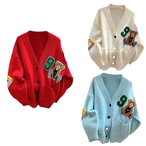 Sweaters,Womens Knitted Cardigans Cartoon Sweater Button Down V-Neck Solid Color Outerwear Tops Coat with Pocket2
