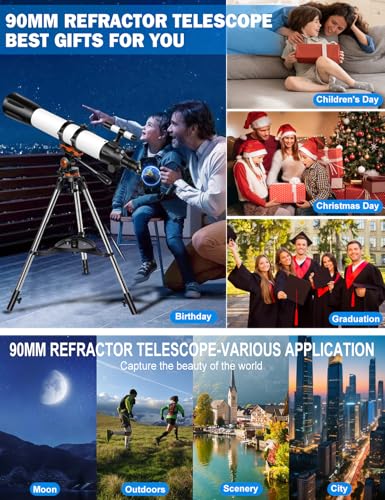 Image of Telescope for Adults High Powered 90mm Aperture 800mm (32X-240X), Refractor Telescopes for Astronomy Beginners with AZ Mount Tripod, Phone Adapter, Carry Bag (80090white)