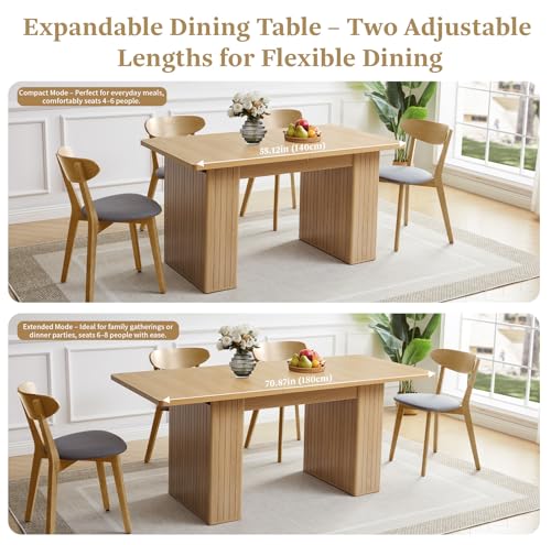 Image of 55 in-71 in Extendable Rectangular Dining Table for 4-6, Modern Farmhouse Expandable Kitchen Table with Carved Line Base, Wooden Dinner Table for Kitchen Living Room Home Office (Natural)