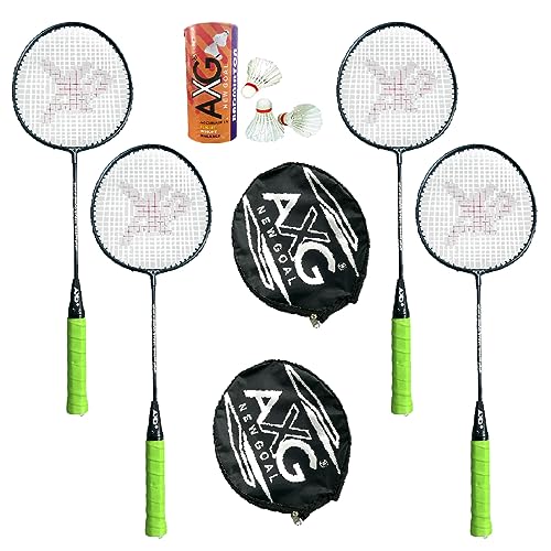 Image of AXG Scratch Resistant A-2000 Badminton Rackets Set of 4 with 3 Feather Shuttles Badminton Kit (Green)