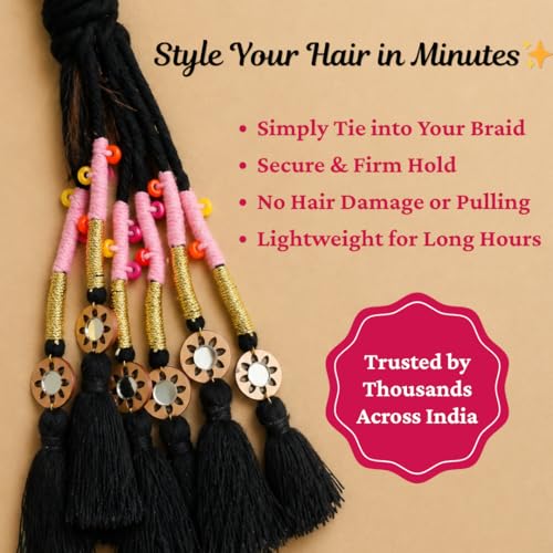 Image of Zippy Flora Handmade Boho Parandi / Paranda Traditional Hair Accessory for Women & Girls | Ethnic Braided Hair Tassels, Choti Hair Extension, Decorative Braid Jewelry for Festive & Wedding Hairstyles (Neelima Black)
