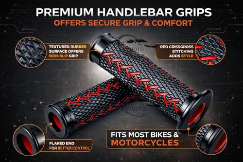 Image of Premium Motorcycle Handlebar Grips with Anti-Slip Rubber Texture & Red Stitching | Universal 22mm Bike Handle Grip | Comfortable, Vibration Resistant & Stylish Design