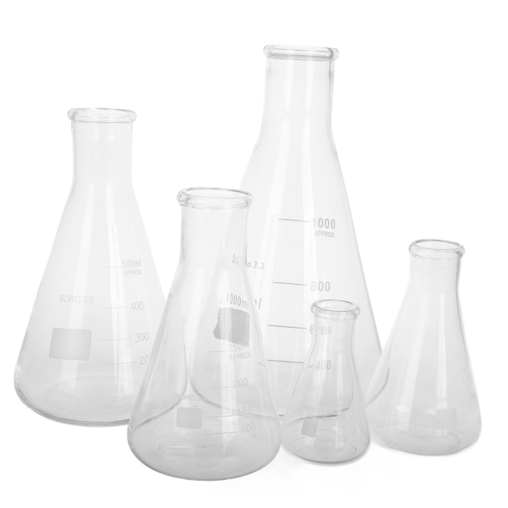 Matraces Erlenmeyer de Vidrio de Borosilicato Juego de 5 Resistencia Alta Temperatura Capacidad de 50ml a 1l y Vertido Fácil para Laboratorio Químico