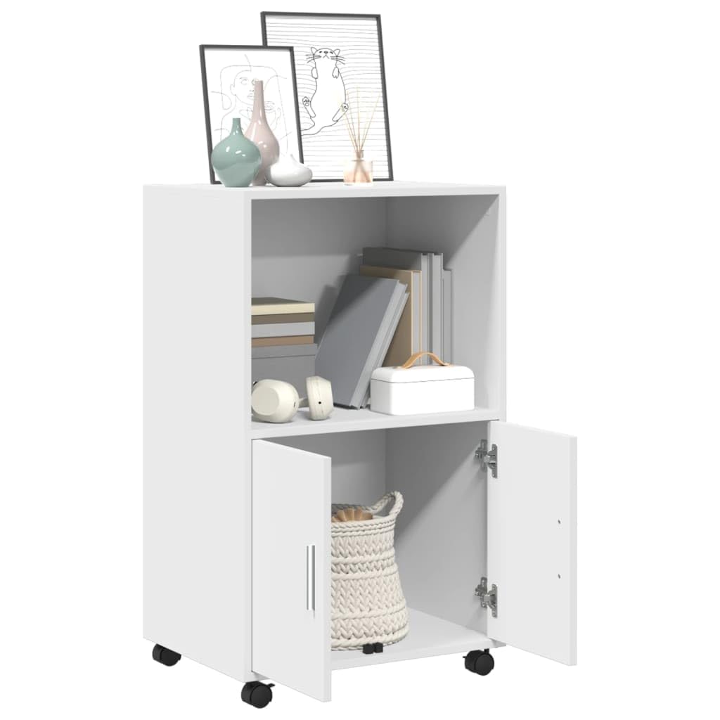 Mobiletto a rotelle bianco, 55 x 40 x 91 cm, in legno con ruote, scomparto aperto e porta, versatile spazio per cucina, soggiorno, ufficio, facile da pulire