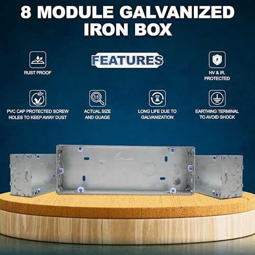 Image of Forus Concealed GI Sheet Metal Modular Box 8 Module, Excellent Quality Rustproof Galvanized Iron Heavy Duty Flush Mounting Electrical Junction Box, 18 Gauge thick 9x3 Inch Junction Box-2PC