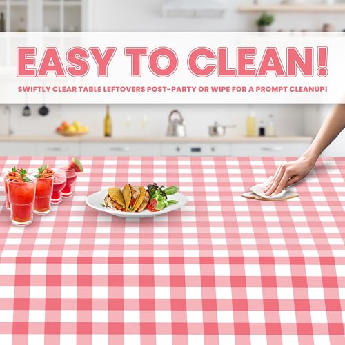 Image of Grandipity Plastic Table Cloth Disposable 12 Pack 54 inch x 108 inch Rectangle | Pink Gingham Plastic table covers, durable disposable tablecloths, fade and tear-resistent table cover for party, event