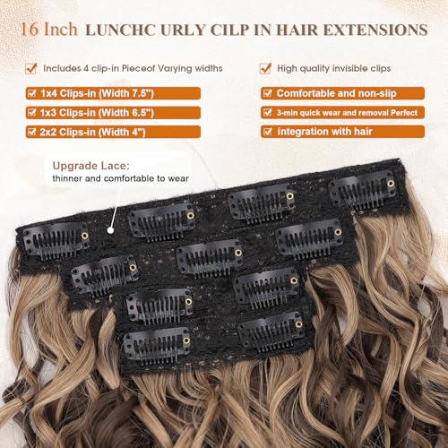 PHADRIA Curly Clip in Hair Extensions,4PCS Curly Hair Extensions long Soft Natural Hairpiece Lace Weft Curly Wave Clip Ins Extensions Invisible for Women 20 Inch (Balayage Dark Brown to Chestnut) — view 4