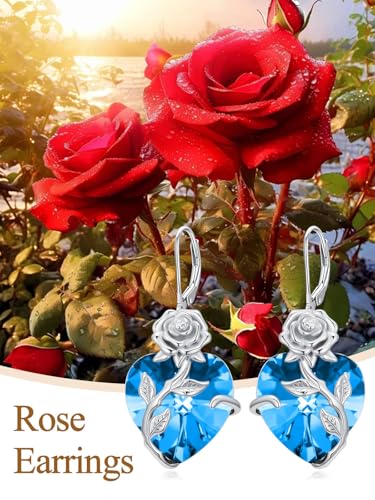 OCJ Birthstone Earrings for Women 925 Sterling Silver Rose Flower Leverback Earrings Heart Birthstone Dangle Drop Jewelry Anniversary Birthday Gifts for Women Her Wife Girlfriend2