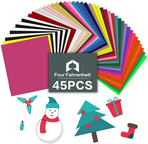 FourFahrenheit Heat Transfer Vinyl 45 Sheets, 12" x 10", Matte Finish, 35 Top-Selling Colors for Beginners and Expert, Iron on Vinyl for Cricut, Cameo Silhouette, HTV for Any Vinyl Crafts