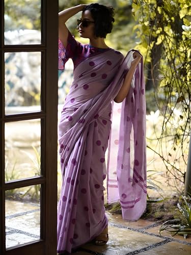 Image of Sidhidata Women's Polka Dot Printed Linen Cotton Saree With Unstitched Blouse Piece (Laddu Free Size)