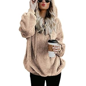 iWoo Hoodie Damen Kapuzenpullover Teddy-Fleece Pullover Herbst Winter Warm Oberteil Langarm Einfarbig Casual Sweatshirt