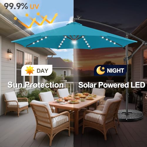 Image of Solar Offset Patio Umbrella - 10 FT Solar Cantilever Umbrella Outdoor with 40 LED Lights and Cross Base, UV Protection for Garden, Deck, Backyard, Pool, Porch, Aqua Blue