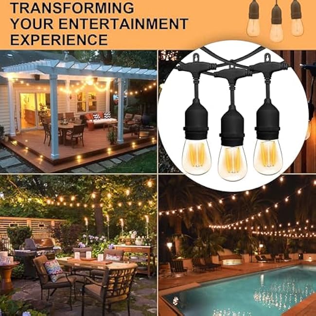 Banord Outdoor String Lights, 48FT Waterproof Patio Lights with 2W Dimmable LED Bulbs, for Outdoor Backyard, Garden, Deck, Porch, Gazebo, Balcony, Camping, Party