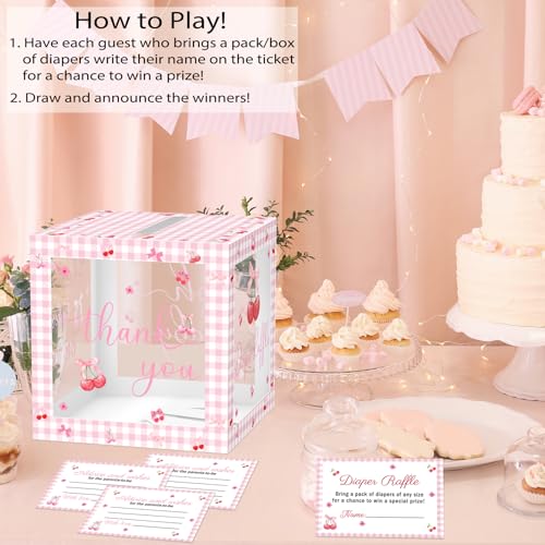 Image of 51Pcs Cherry Diaper Raffle Tickets with Box for Baby Shower Games, She's the Cherry on Top Baby Shower Decorations Pink Bow Clear Diaper Raffle Box