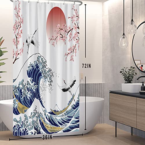 SDOTPMT Rideau de douche en forme de vague de 90 x 180 cm, motif fleurs de cerisier asiatique, peinture à l'encre, rideau de bain pour décoration de salle de...