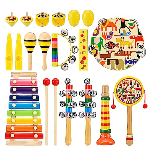 Anpro 27pcs Instrumentos Musicales para Niños Pequeños, Juego de Juguetes de Instrumentos de Percusión de Madera con Bolsa de Lona, niños Mayores de 3 años