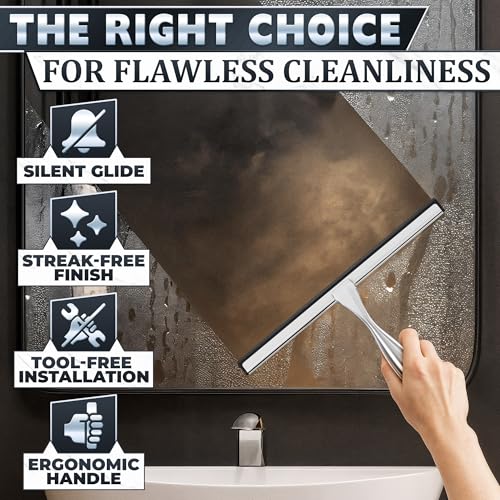 Image of Shower Door Squeegee with Hook - 12 inch Silicone Blade, Stainless Steel Squeegee for Shower Glass with Adhesive Mount - All-Purpose Bathroom Tile, Mirror, & Window Wiper for Streak-Free Cleaning (Silver)