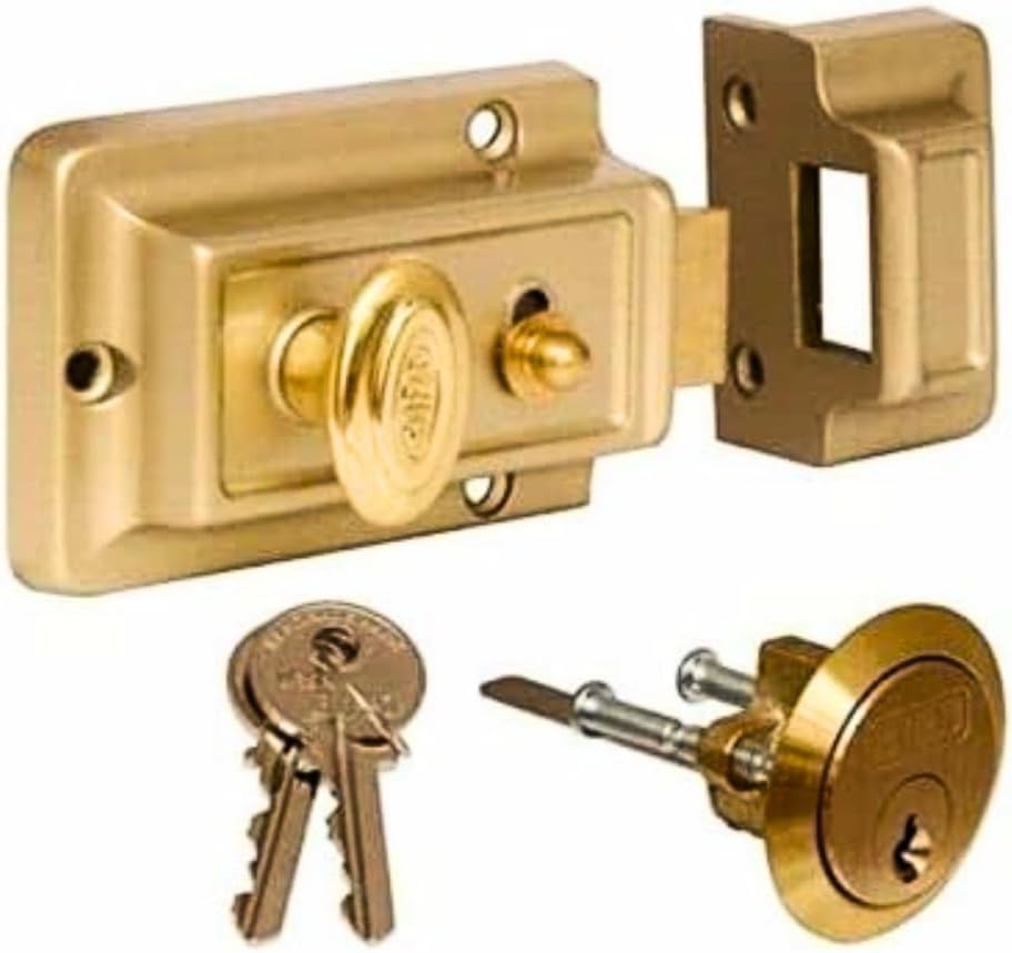 Garden Mile 3 Key Rim Night Latch Door Lock - Polished Brass Gate Lock Extra Security Front Door Lock Latches Fixings Backset Cylinder Safety for Gate, Shed, Latch, Flat Smart