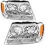 AUTOSAVER88 Headlight Assembly Compatible with Grand Cherokee 1999 2000 2001 2002 2003 2004 Replacement OE Headlamp Amber Reflector Chrome Housing