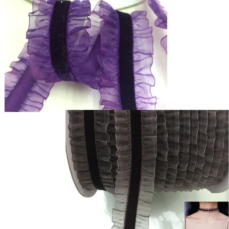 Ruban en dentelle, 1,8 m (environ 1,8 m) 2,5 cm ruban élastique en organza à volants ruban de velours ruban extensible pour vêtements, artisanat, couture, patchwork (bleu) (café)